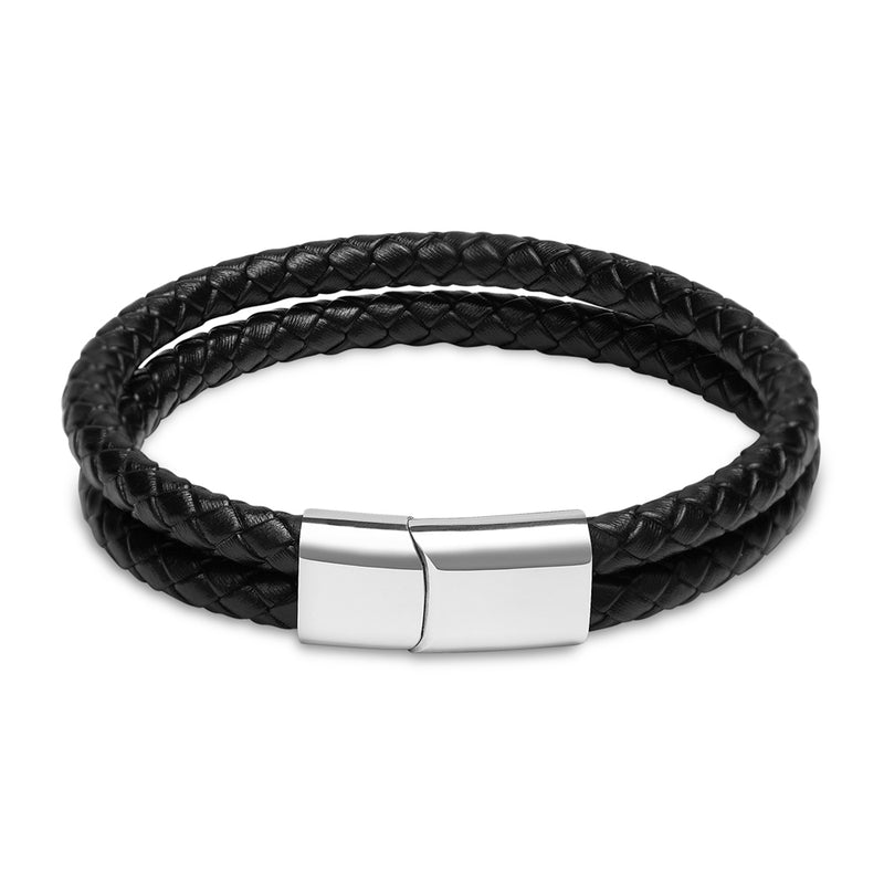 Engravable Sterling Silver Rectangle Black Leather Bracelet