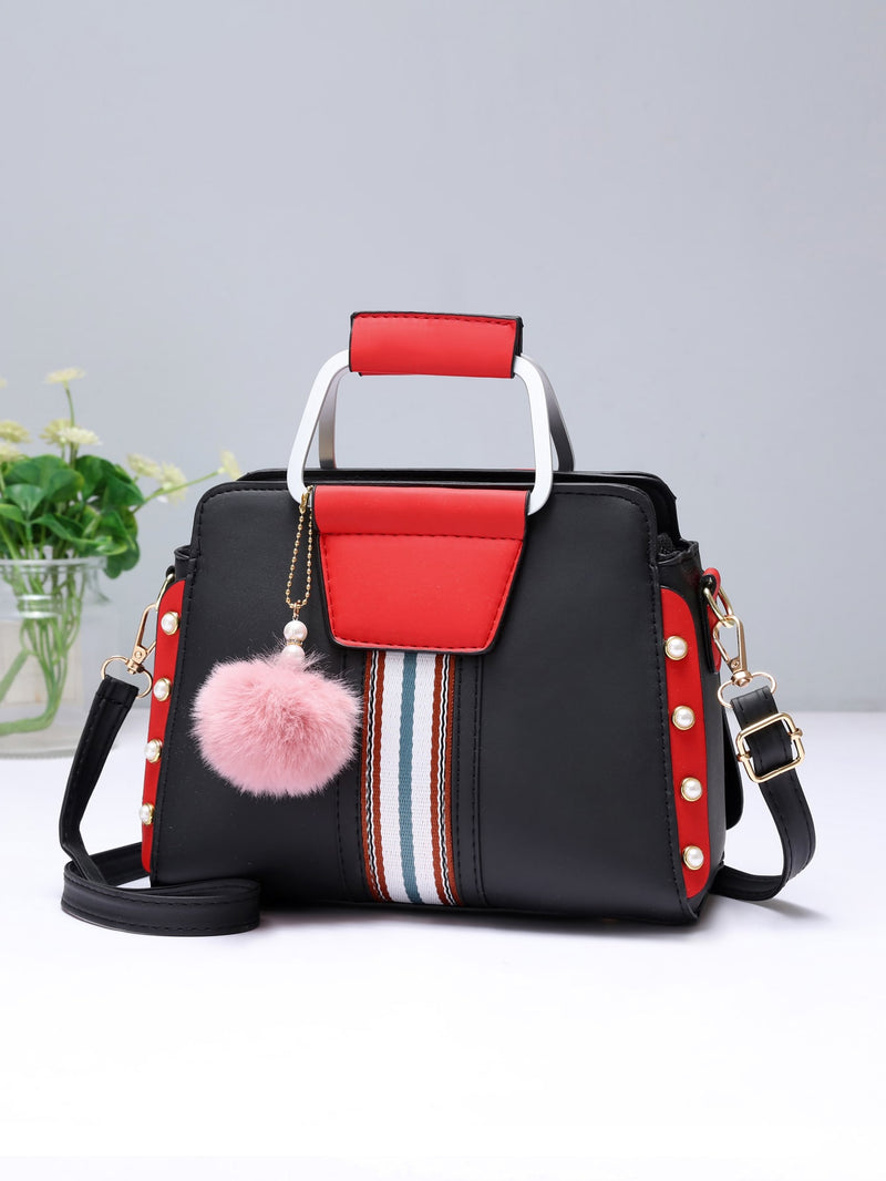 Faux Pearl Pom pom Decor Striped Panel Satchel Bag