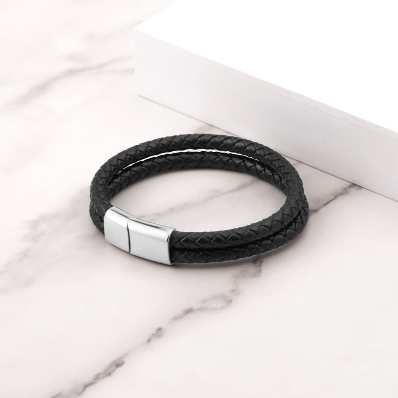 Engravable Sterling Silver Rectangle Black Leather Bracelet