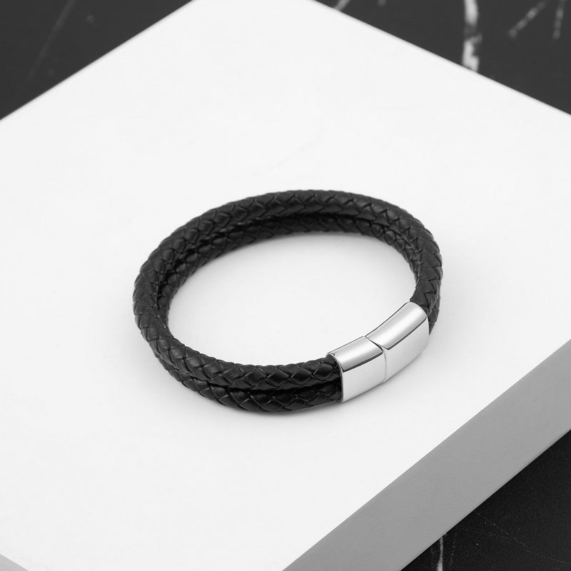 Engravable Sterling Silver Rectangle Black Leather Bracelet